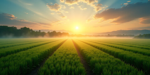 Fototapeta premium Vibrant sunrise illuminates a lush green rice field with mist rolling over the landscape