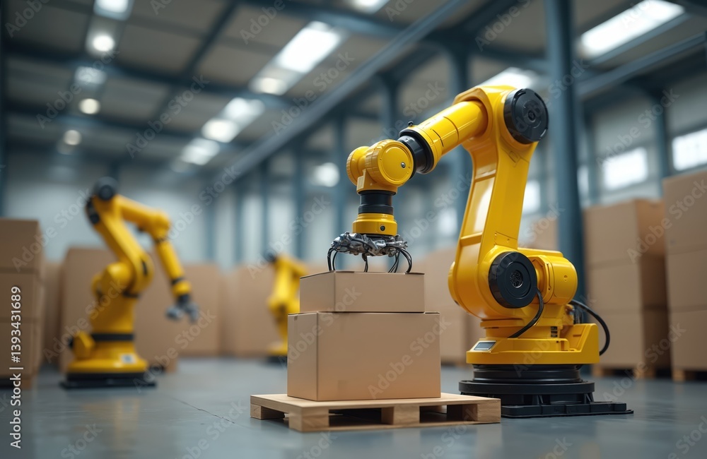 Poster warehouse automation tech with smart robotic arm systems efficiently moves cardboard boxes. automate