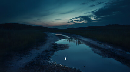 Fototapeta premium Rural road at twilight with puddles reflecting the sky. The landscape is quiet, a moment of calm at dusk.