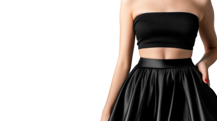 Torso in black top and skirt posing, studio shot, cut out transparent
