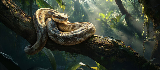 A viper resting on a low tree branch, its body stretched out lazily while its eyes remain alert. The jungle around it is thick, and the soft rays of the sun filter through the canopy above