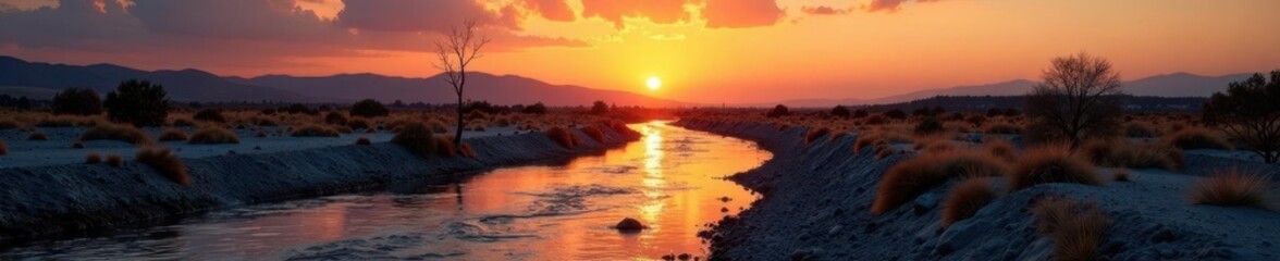 River flowing through barren landscape at sunset, isolation, solitude, emptiness