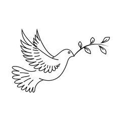 Dove With Olive Branch Flying Peace Symbol Outline Vector Illustration