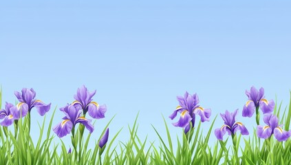 Purple Irises in Grass, Blue Sky