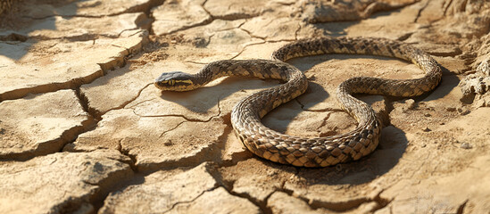 Obraz premium A viper slithering across a rocky path, its movements slow and deliberate. The dry, cracked earth of the desert contrasts with the smooth texture 