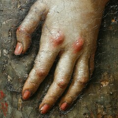 Close-up of a painted hand, exhibiting detailed skin textures and aging