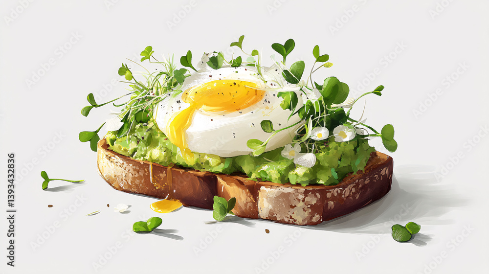 Poster a visually appealing avocado toast topped with microgreens and an egg, presented in a style popular 
