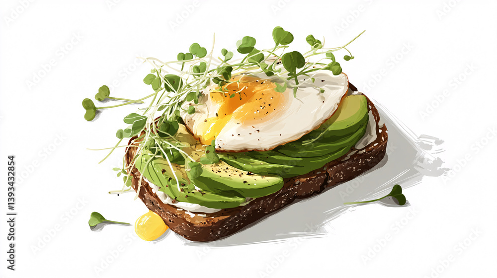Poster a visually appealing avocado toast topped with microgreens and an egg, presented in a style popular 