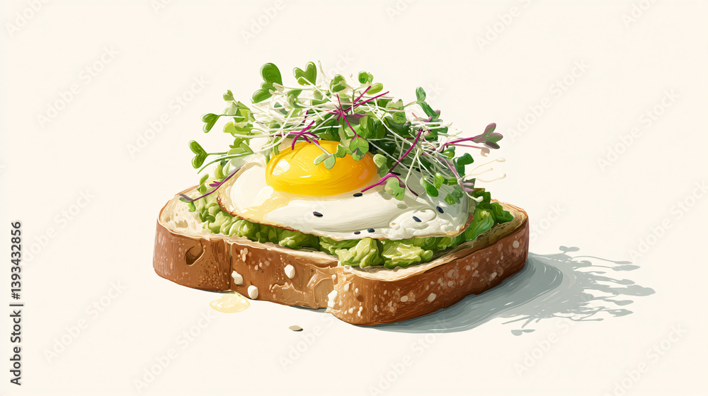 Poster a visually appealing avocado toast topped with microgreens and an egg, presented in a style popular 