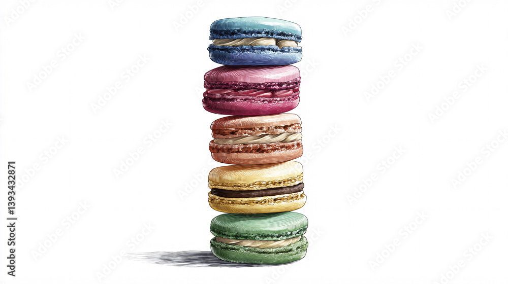 Poster a visually striking stack of colorful french macarons, arranged in a smooth color transition, presen