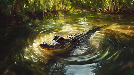 Fototapeta premium An alligator swimming swiftly through a river, its head low in the water, creating subtle ripples in its wake. The surrounding dense forest adds a feeling of isolation and wildness to the image
