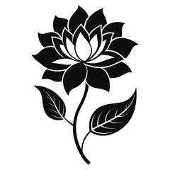 Fototapeta premium Silhouette Stylized Lotus Blossom on Stem with Leaves, Black on White