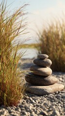 Obraz premium Stacked smooth stones on a pebbly surface amidst tall grass, with a serene background of water and sky, evoking themes of balance and tranquility in a natural scenic setting.