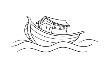 Boat With A Cabin On The Waves Outline Illustration Vector Design