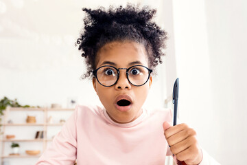 Shocked Black Teenager Girl Posing Doing Homework Looking At Camera Sitting At Books At Home....