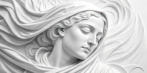 3D Relief Of A Serene Woman With Flowing Hair And Headband, White Background, Symbolizing Peace, Grace, And Spirituality, Ideal For Interior Design, Branding, Art Therapy, And Feminine Themes.