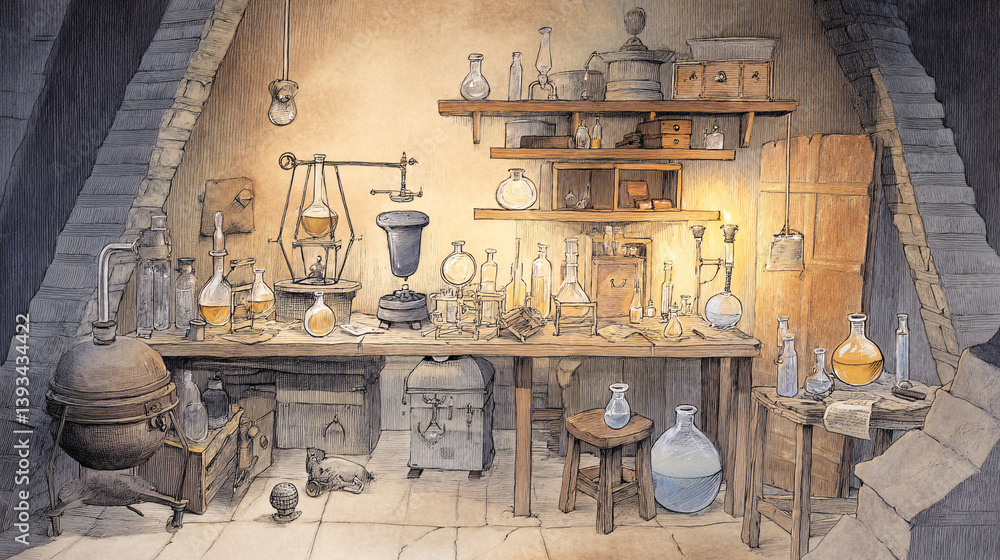 Poster a workshop belonging to an alchemist, showcasing the visible changing of elements as they shift betw
