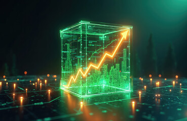 Abstract neon green economy chart with growing arrow. Eco tech concept, financial trend. Graph bar, diagram, success, investment. Sustainable development, digital market, business finance, innovation.