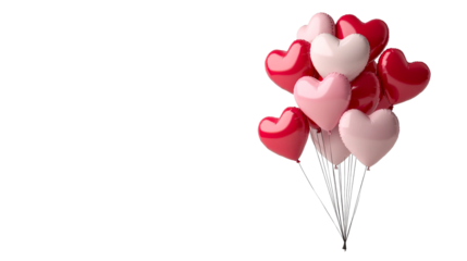 Red, pink, heart balloons float together on black background, cut out transparent