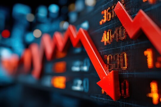 Dramatic red arrow pointing downwards on a stock market ticker, indicating a financial downturn or economic crisis, with blurred background and bright LED display.