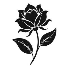 Elegant Rose Silhouette Flower, Stem, and Leaves in Detailed Black and White Outline