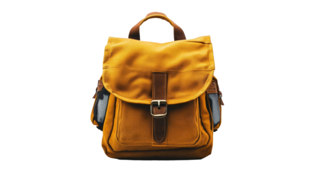Casual fabric backpack with side mesh pockets outdoor setting lifestyle image top-down perspective functional design