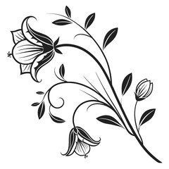 Floral Black and White Swirl Design with Leaves, Stems, and Flowers on White BG