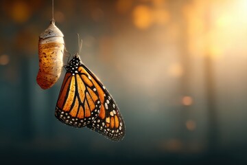 A Monarch butterfly emerges from its chrysalis, its vibrant orange and black wings a striking contrast against a soft, dreamy background of sunlight and muted colors.