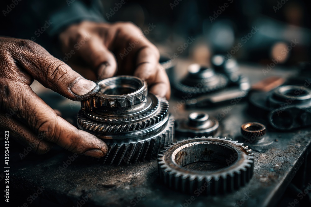 Poster close-up of mechanic's hands assembling gears, showing the complex interworking of mechanical parts 
