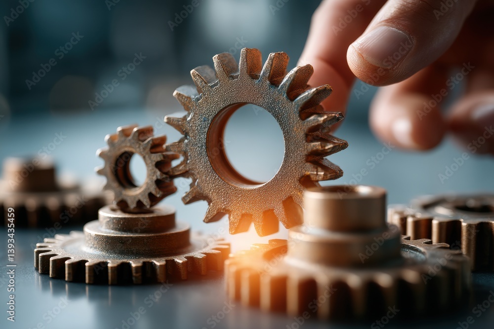 Poster close-up of engineer's hand adjusting gears, illustrating the precision and interconnectedness of me
