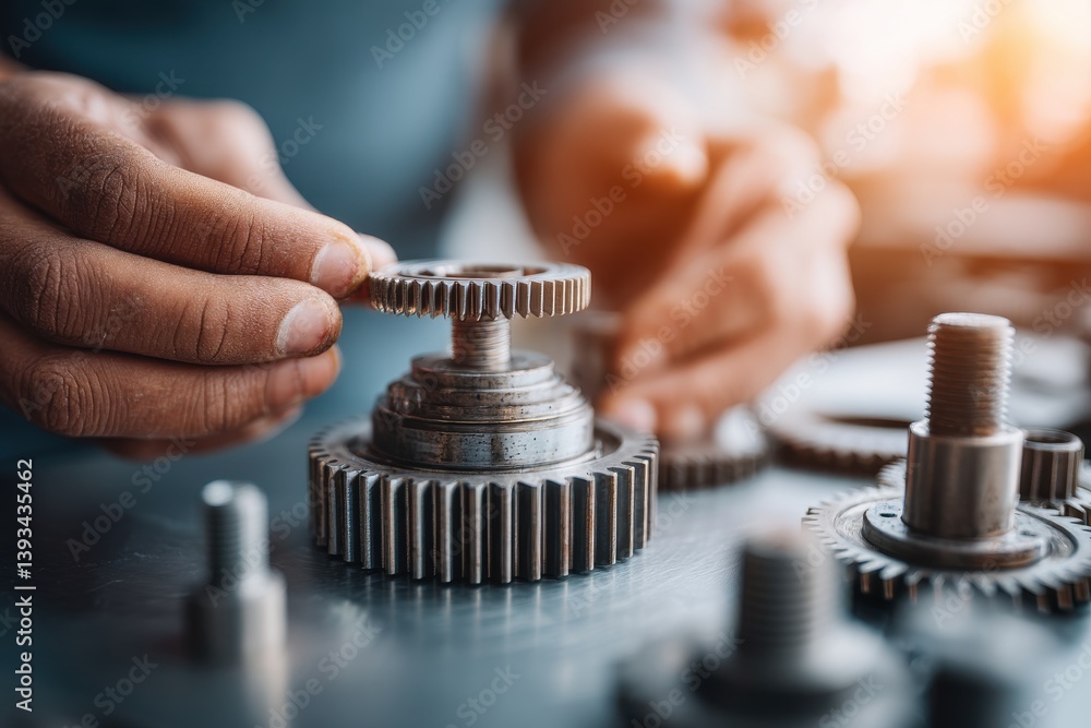 Poster a close-up shot of mechanic's hands assembling gears, showcasing the intricate workings and precisio