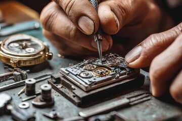 A close-up of a watchmaker's hands repairing a complex mechanical watch movement, using a small screwdriver with golden watch on the table.