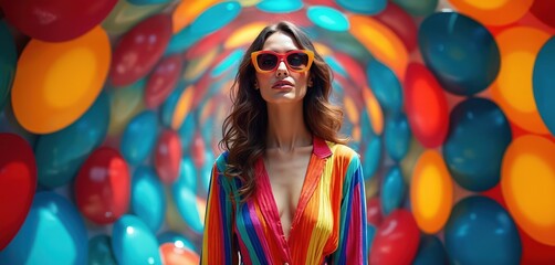 Brunette model in sunglasses, striped colorful clothes on abstract background. Portrait of woman in fashion outfit, accessories. Beautiful female poses for advert, advertising. Modern beauty trend.