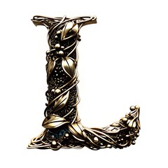 An elegant golden letter L, intricately adorned with leaves, vines, and berries, creating a luxurious, nature-inspired design in a high-resolution 3D render.