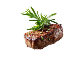 Juicy steak with rosemary floating in air gourmet food photography studio shot culinary art