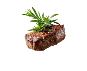 Juicy steak with rosemary floating in air gourmet food photography studio shot culinary art