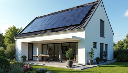 Modern family home in Germany with solar panels roof. Sustainable eco-friendly construction features energy efficiency. New residential building with renewable tech. Green architecture, suburban