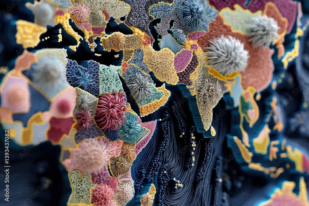 Poster detailed world map crafted from textured and colorful geometric shapes, creating an abstract, artist