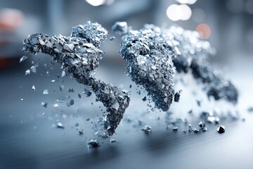 A shattered world map composed of metallic fragments, symbolizing global disruption and fragility, with a focus on environmental challenges and geopolitical instability in the modern era.