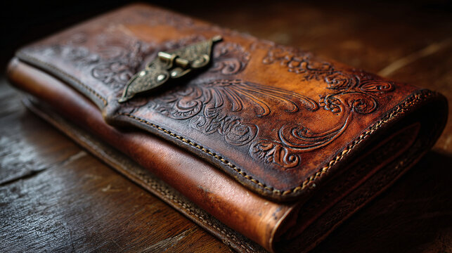 Aged, handmade leather walleta personalized item.  