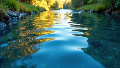 Rippling water surface, reflections of trees and sky, texture, still, resource