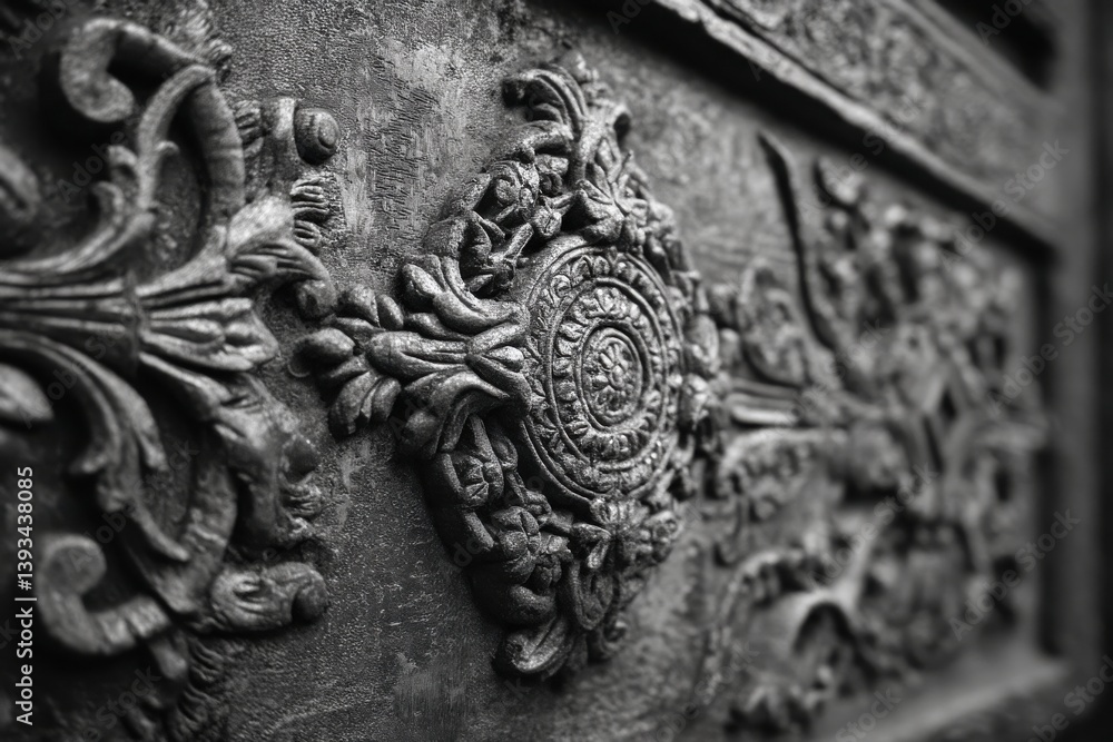 Poster detailed monochrome image of ornate plasterwork featuring intricate floral and scroll patterns, show