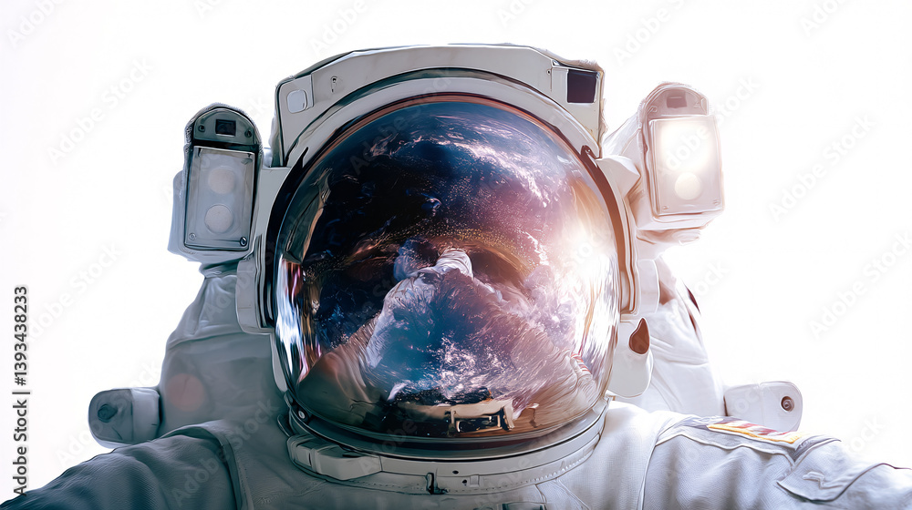 Poster an astronaut is pictured weightlessly in space, with a reflection of earth visible on their helmet's