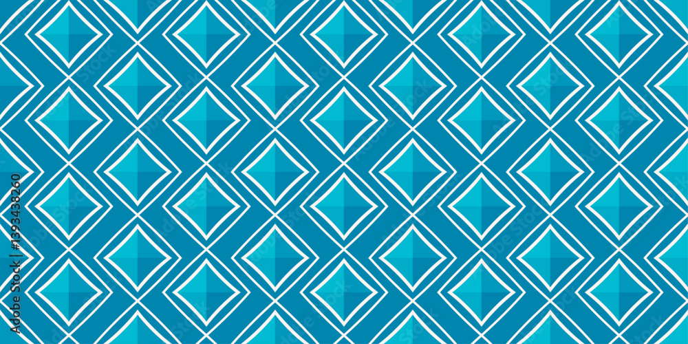 Poster The diamonds are arranged in a diagonal grid, creating a sense of movement and depth. The background is a solid blue color, providing a stark contrast to the white outlines.