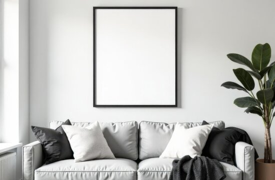 Minimalist living room with grey sofa and blank frame on white wall