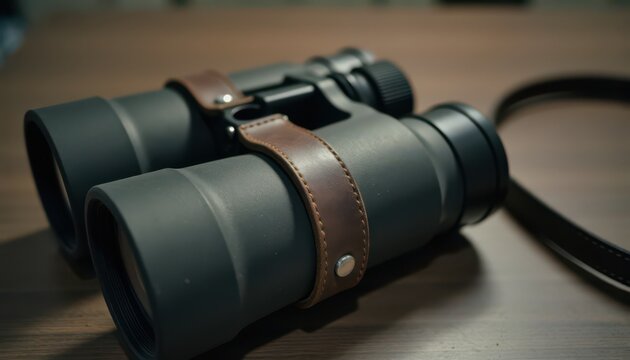 Black binoculars with brown strap lying on wooden surface