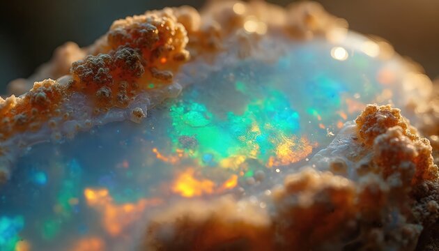 Close-up opal stone texture. Abstract background with shimmering colors. Mineral gemstone in natural colors, used in jewelry design or as decorative element.