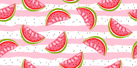 The watermelon slices are depicted in a cartoon style with bright red flesh, green rind, and black seeds. The background is a simple yet effective design of alternating pink and white stripes.