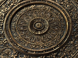 Ornate golden design featuring intricate floral and circular patterns, radiating elegance and timeless artistry. Texture and depth visible