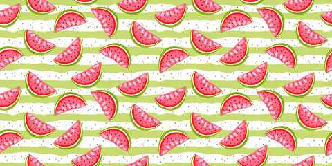 The watermelon slices are depicted in a cartoon style with a bright pink flesh, green rind, and black seeds.